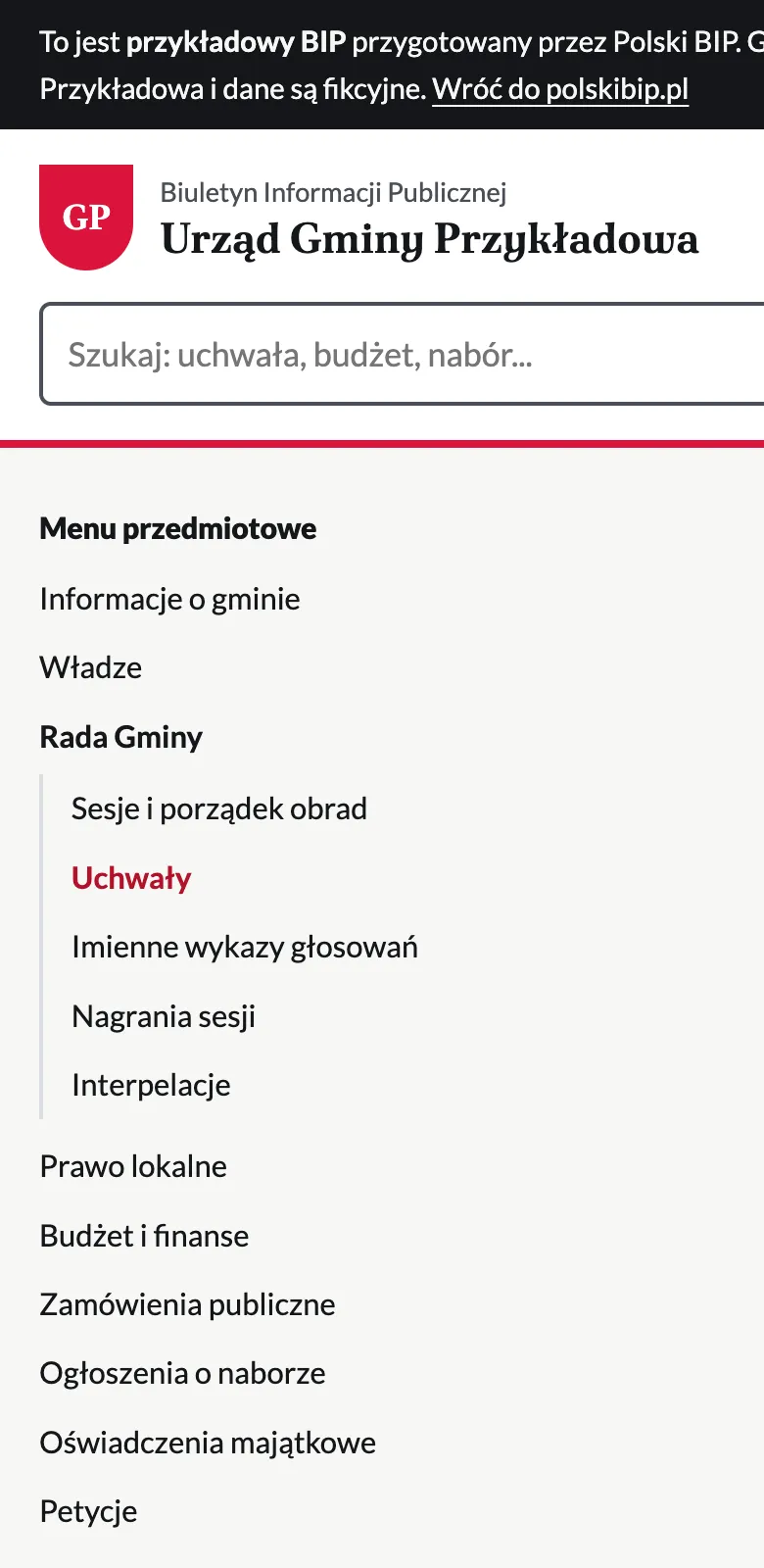 Ten sam przykładowy BIP na telefonie: wyszukiwarka i czytelna uchwała.