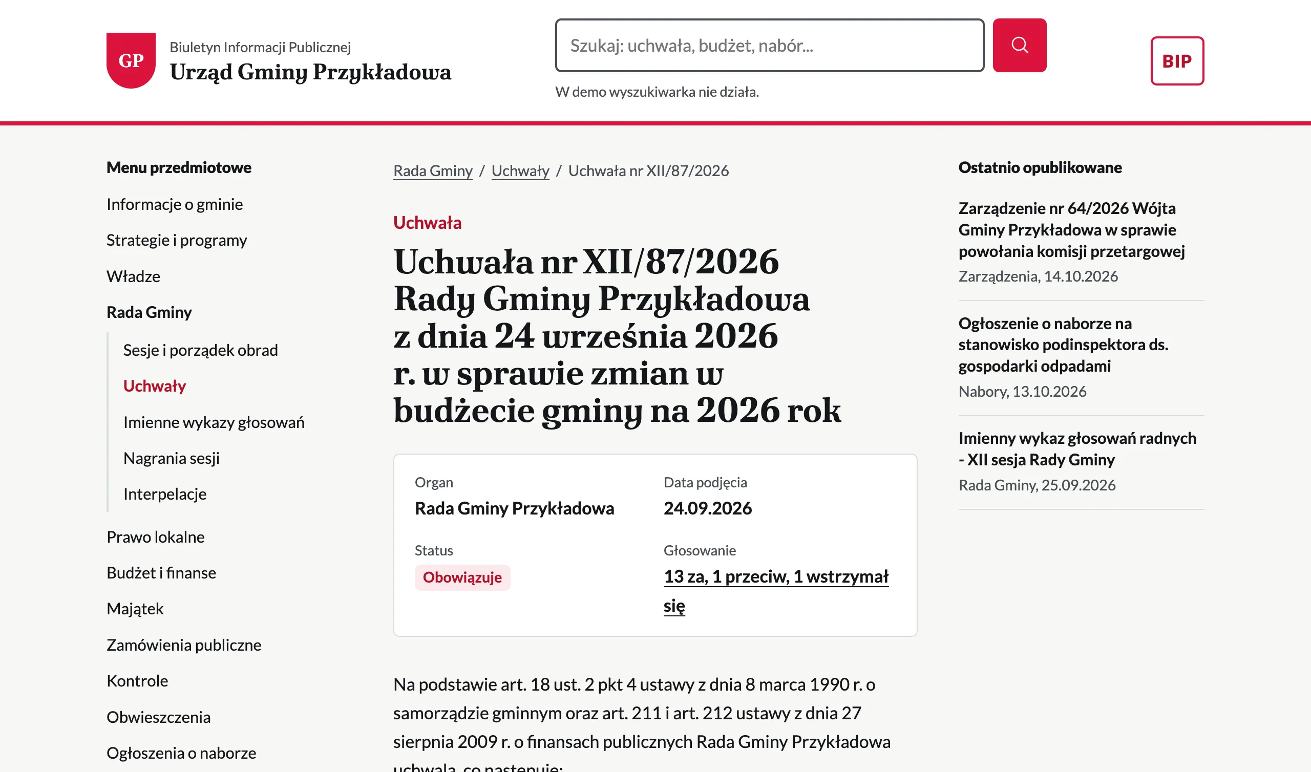 Przykładowy BIP gminy w systemie Polski BIP: uchwała rady gminy w HTML, menu przedmiotowe, wyszukiwarka i lista ostatnich publikacji.
